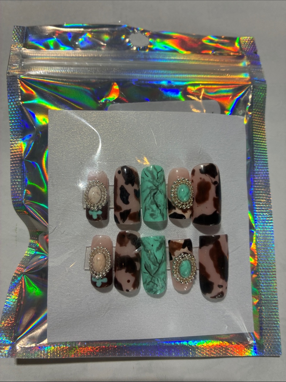 Mint Marble & Brown Cowprint Press-On Nail Set with Gem Accents